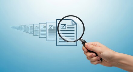 Magnifying Glass Examining Document with Checklist Icon on Blue Background – Concept of Document Review, Audit, and Quality Control