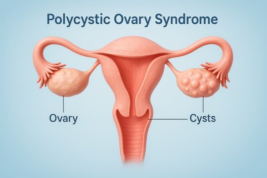 Medical illustration of polycystic ovary syndrome (PCOS) showing ovaries with multiple cysts and anatomical structure of female reproductive system. Polycystic Ovary Syndrome Diagram Showing Cysts

