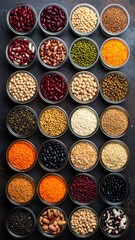 Small glass bowls filled with various grains and legumes arranged in grid pattern on dark surface