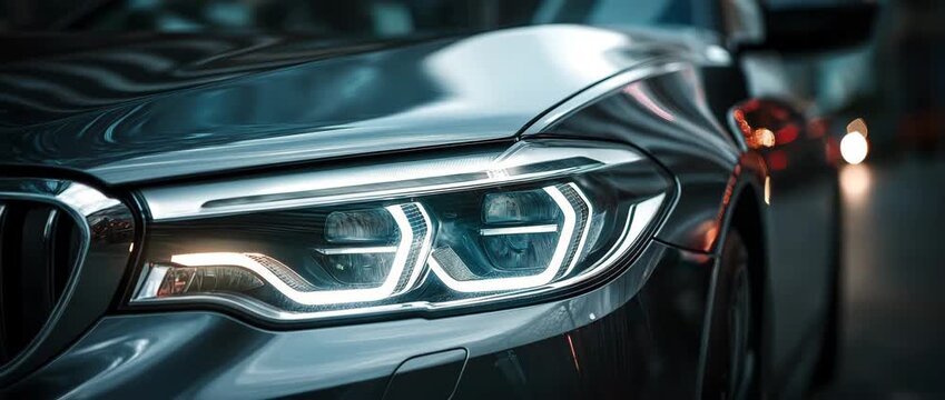 Beautiful close-up of a contemporary automobile headlight under city lights, with a metallic body that reflects light and blazing LED strips.