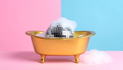 Small gold bathtub with disco ball in soapy foam