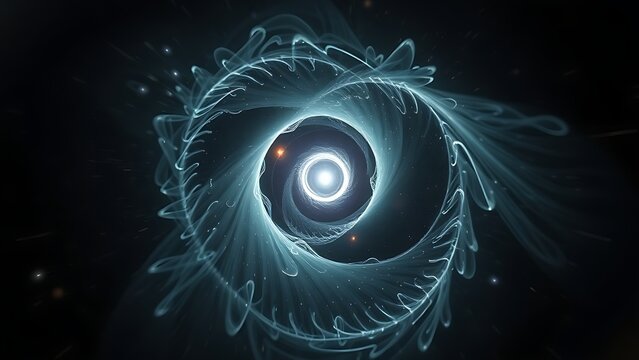 A dark matter vortex warping the fabric of spacetime, with light bending into impossible shapes.