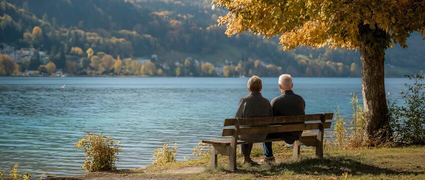 Sitting on a lakeside seat, the father and son converse.