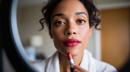 Woman wearing red lipstick looking at mirror