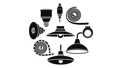 Collection of lamp icons isolated on white background showcasing various lighting fixtures and electrical components in a circular arrangement