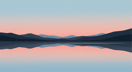 Fototapeta premium pastel landscape, mountain reflection, minimalist vector, calm lake, gradient sky, sunrise background, nature illustration, soft colors, peaceful scenery, modern flat design, pastel art, natural harmo