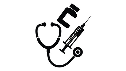 Medical equipment including stethoscope, syringe and medicine bottle isolated on white background for healthcare concept design