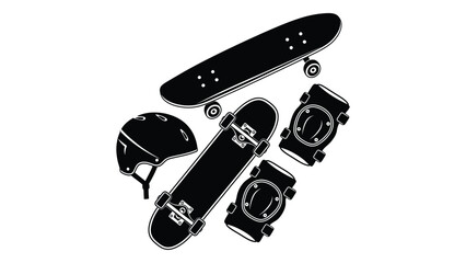 Skateboard, penny board, helmet and knee pads isolated on white background, representing skateboarding and safety gear