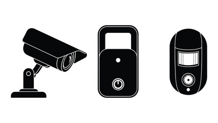 Security system isolated on white background surveillance camera, door sensor, and motion detector for home and business safety