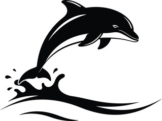 Dynamic silhouette of a dolphin leaping through water splashes flat design vector illustration isolated on transparent background