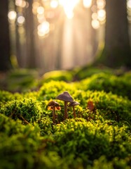 Small mushrooms in forest floor moss, sunlit