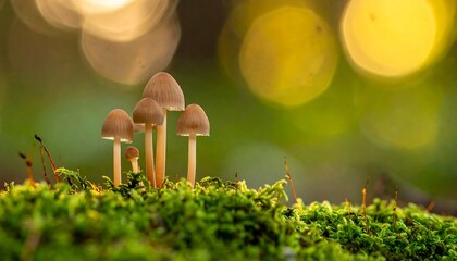 Small mushrooms on moss, sunlit forest floor