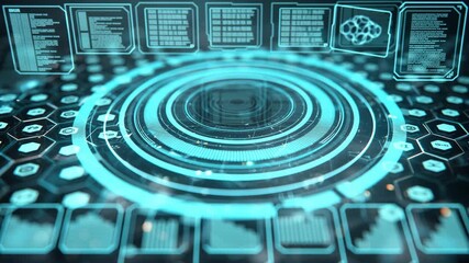Futuristic blue digital interface with circular technology pattern - Powered by Adobe