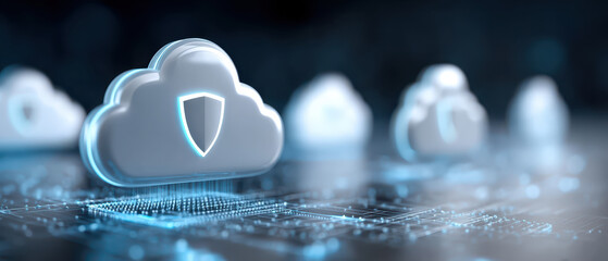 Cloud computing security concept with shield icon on cloud shape symbolizing data protection and secure network in digital technology environment