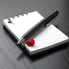 Small notebook, pen, and red flower on dark wood