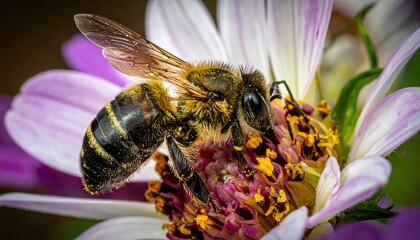 Bee Pollinating Flower - A Close-Up View of Natures Beauty.