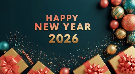 Festive new year 2026 celebration with gifts and ornaments on dark background