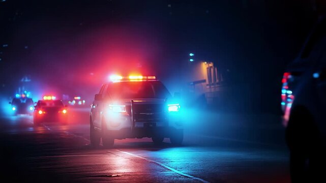 Police cars with flashing lights patrol dark city streets, creating a dramatic scene., 4k high quality