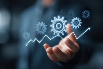 Operational Efficiency: Hand Supporting Gear System and an Upward-Moving Graph Depicting Optimization, Financial Progress, and Business Performance