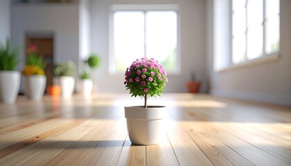 Small, pink flower ball tree in white pot on light wood floor
