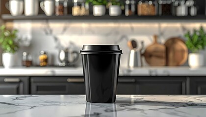 Black Coffee Cup on Marble Countertop in Kitchen.