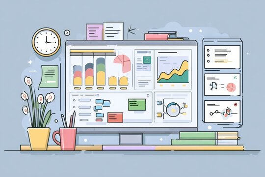 Organized Office Desk with Project Management System Showing Workflow Visualization on Computer Screen Time Management Tools and Business Graphics for Task Tracking