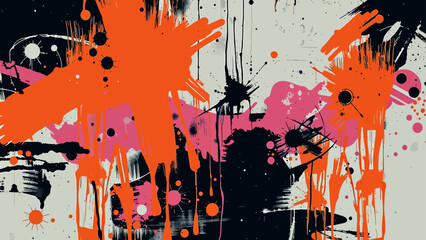 Abstract Expressionist Street Art Splatter: Energetic Composition of Neon Orange, Hot Pink, and Black Paint Drips. Urban Graffiti Bold, High-Contrast Digital and Modern Artwork © Zìyóu
