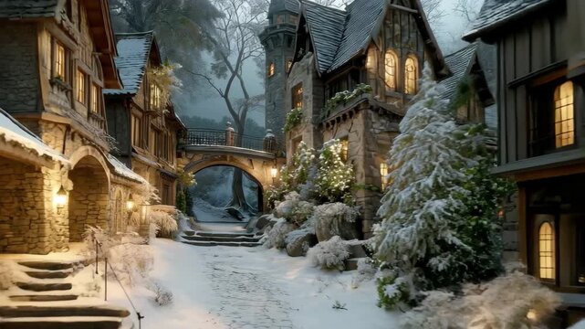 Enchanting winter village scene with cozy glowing homes and snow covered cobblestone path, 4k high quality