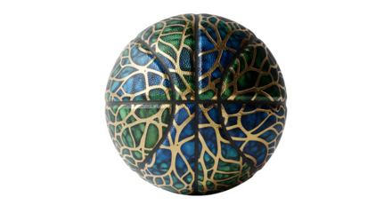 Blue and green basketball with gold veins isolated on transparent background