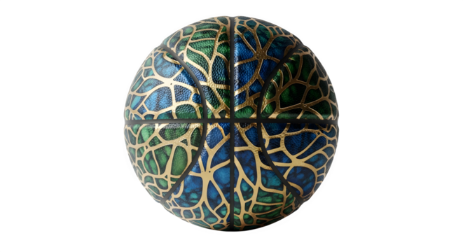 Blue and green basketball with gold veins isolated on transparent background