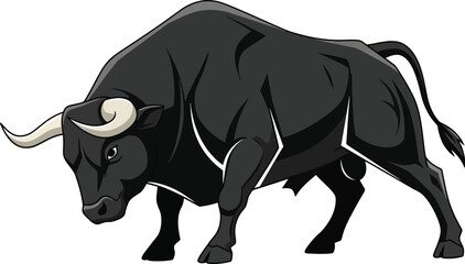 Powerful black bull charging forward majestic animal strength and dominance symbolism flat design vector illustration isolated on transparent background