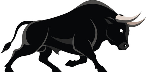 Powerful black bull charging forward with strong musculature and sharp horns flat design vector illustration isolated on transparent background