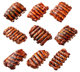Set of Grilled pork ribs or shoulder with shiny barbecue glaze, charred edges, and seasoning, isolated on white transparent background, concept of delicious food