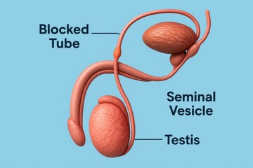 Male Reproductive System with Blocked Tube Diagram.  3D anatomical illustration showing male reproductive organs, highlighting a blocked tube, seminal vesicle, and testis as infertility cause.

