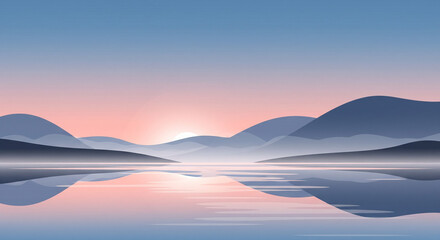 misty lake, morning landscape, minimalist vector, pastel gradient, sunrise colors, mountain silhouette, soft tone illustration, calm background, peaceful design, blue pink sky, reflection art, abstrac