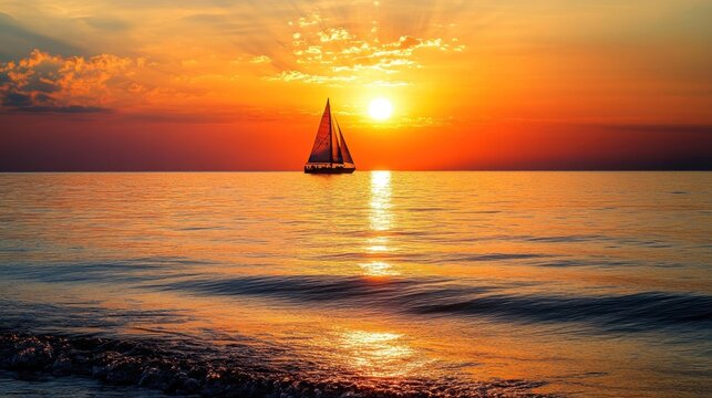 Sailing into the sunset, A tranquil seascape with vibrant colors