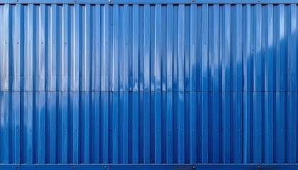Blue corrugated metal texture background with vertical lines and subtle shadow patterns.