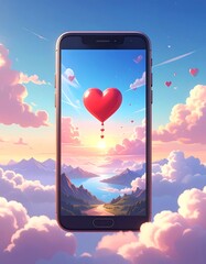 Smartphone displaying heart-shaped balloon over landscape