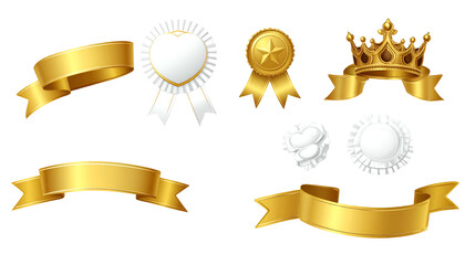 Assortment of shiny golden ribbons, medals, rosettes, and a crown set against a black background