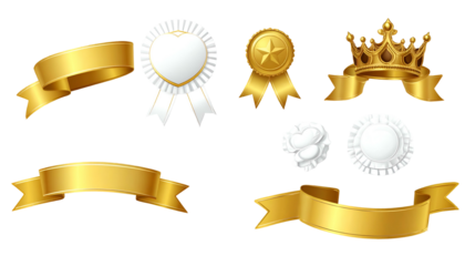 Assortment of shiny golden ribbons, medals, rosettes, and a crown set against a black background