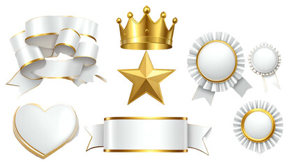 Collection of ornate white and gold emblems, including ribbons, a heart, and a crown