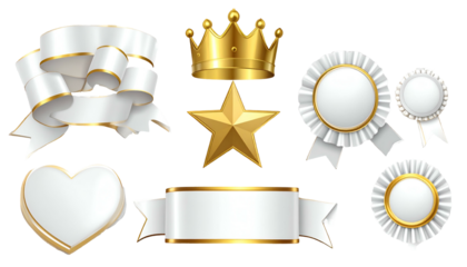 Collection of ornate white and gold emblems, including ribbons, a heart, and a crown