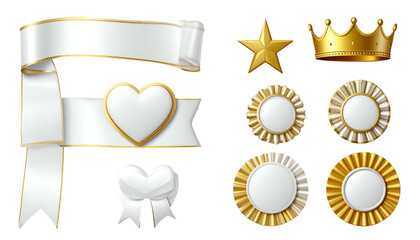 Assortment of shiny ribbons, badges, a star, and a crown with gold accents, on black