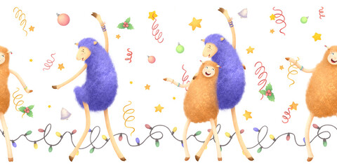 A watercolor illustration of a seamless Christmas border with sheep. Hand drawn in a simple, childlike style.