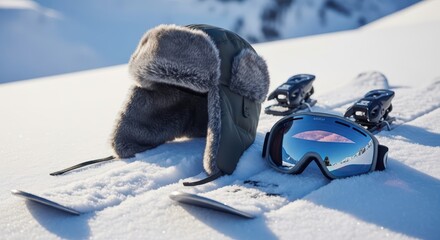 Winter adventure: ski hat and goggles on snowy mountain with ski equipment