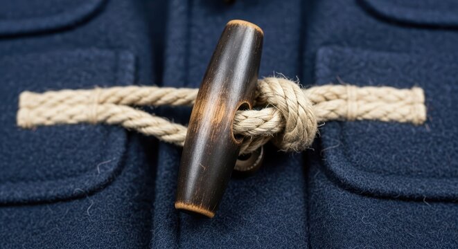 Close-up of duffle coat toggle and rope fastening on navy fabric