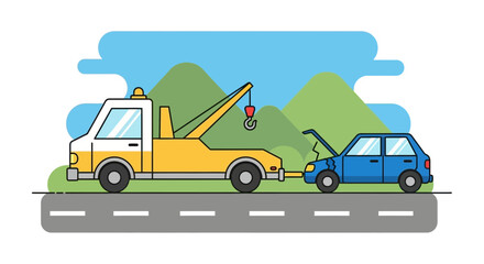 Fototapeta premium Tow truck assisting broken down car on the road with open hood.