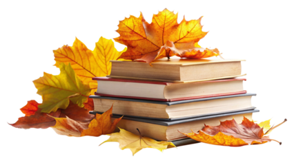 stack of books and autumn leaves