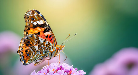 Obraz premium Painted Lady butterfly on pink flower with blurred green background