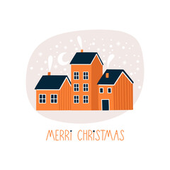 Christmas card with winter houses. Handwritten greeting inscription. Vector illustration